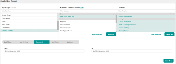 Session Qty report selection